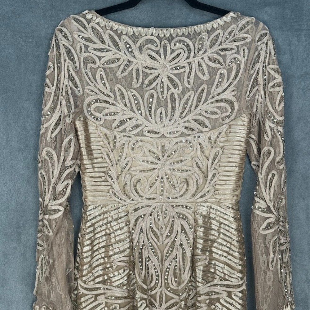 Sue Wong Dress Womens 4 Beige Beaded Long Sleeve Cocktail Wedding Guest Gala - Picture 6 of 15